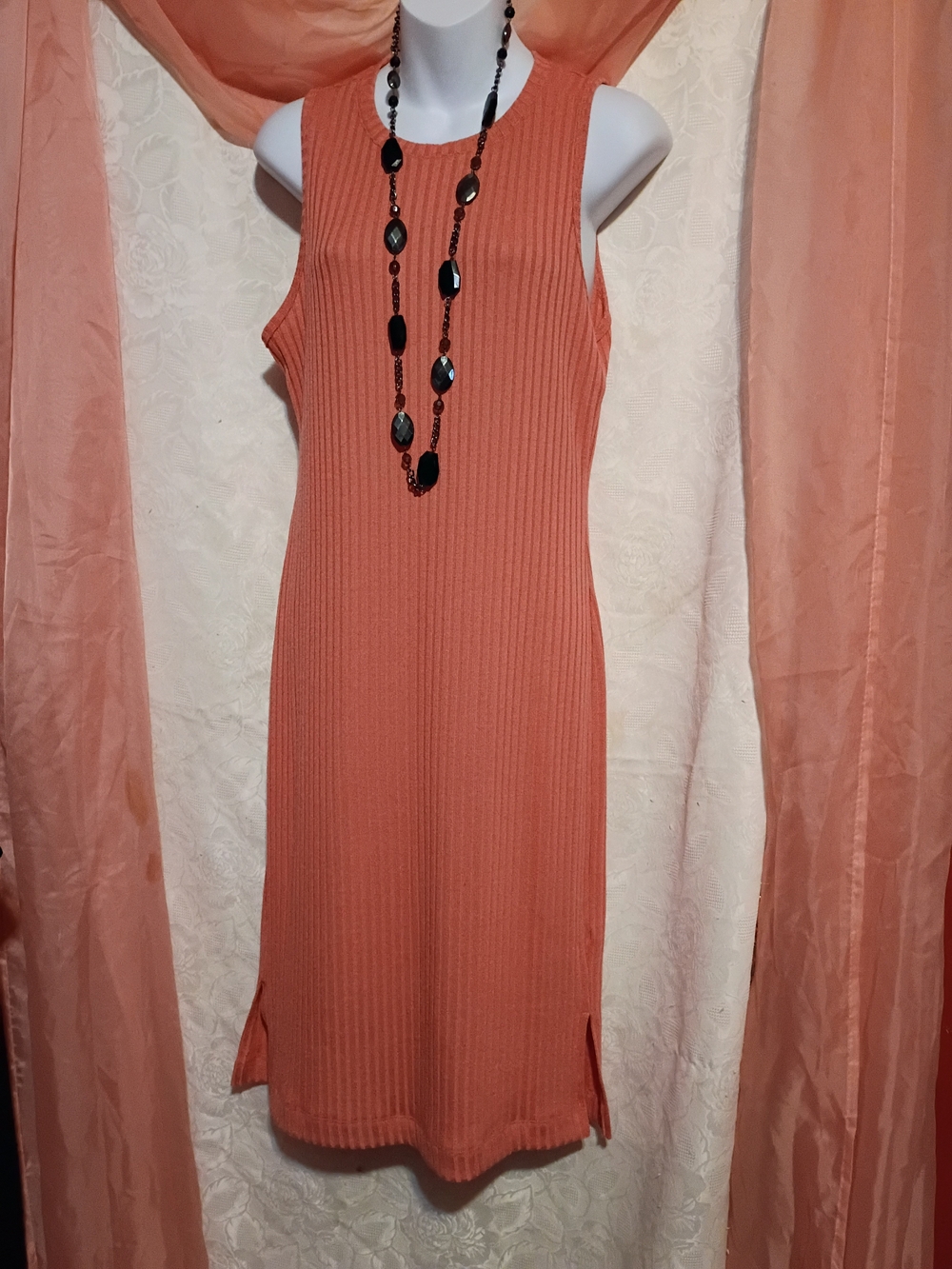 NWT Nine West Ladies Ribbed Sleeveless Midi Dress in Coral Sz M - Picture 6 of 8